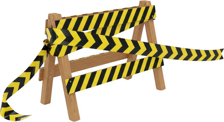 A wooden A frame barrier displaying multiple strands of black and yellow striped caution tape wrapped around its frame