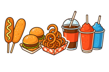 Naklejka na ściany i meble Fast food treats vector illustration: burgers, corn dogs, and drinks for menu design