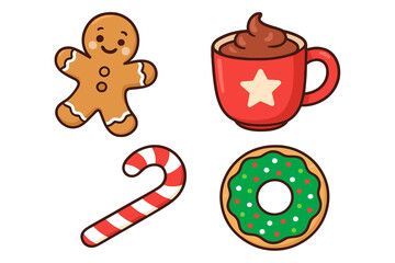 Fototapeta premium Festive holiday vector illustration of gingerbread cookie, hot chocolate, candy cane, and donut for christmas design
