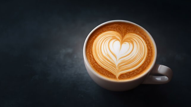 Latte art with heart shape on coffee cup.