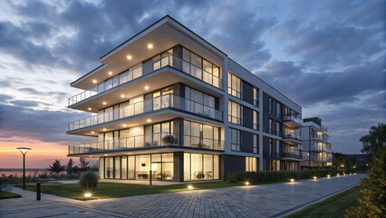 Modern apartment building with balconies at dusk with sunset sky and ambient lighting