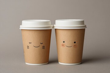 Two coffee cups with cartoon faces on a gray surface