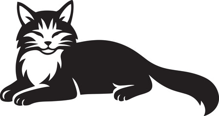 Cat silhouette lying down black and white style, Resting feline illustration cute and simple