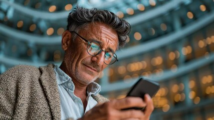 Mature Hispanic senior businessman using smartphone while standing confidently near a modern office building. - Powered by Adobe