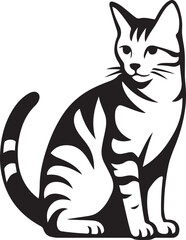 Seated cat silhouette black and white illustration, Graceful feline pose in minimal style