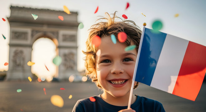 Smiling Child Celebrating Bastille Day with French Flag at Arc de Triomphe in Paris