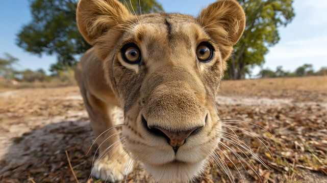Curious lioness in savannah