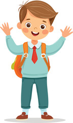 cheerful kid in school uniform, waving and carrying backpack, cartoon vector illustration, boy