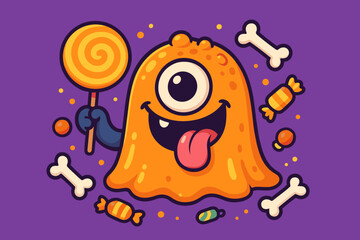 Cute monster with candy and bones in halloween vector illustration