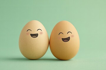 Two eggs with happy cartoon faces a light tan egg and a light brown egg are seen close together on a pale green surface