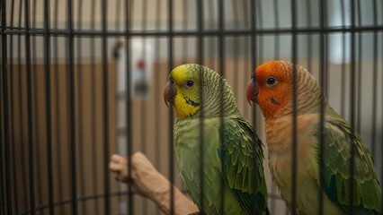 Three colorful parakeets huddled in a lobby cage