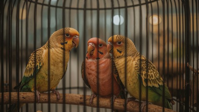 Three shy colorful parakeets in a lobby cage