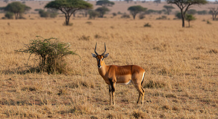 Naklejka premium Wild impalas standing alert in the African savanna, natural wildlife setting during daylight.