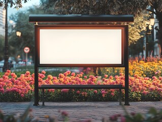 Blank billboard by a park bench.
