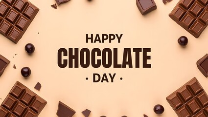Delicious happy chocolate day celebration with chocolate bars and candies on creamy background