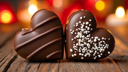 Two heart shaped chocolate candies decorated for romantic occasions on rustic wooden surface