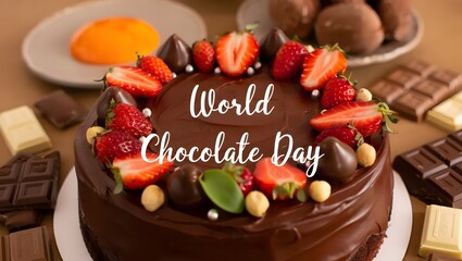 World chocolate day celebration with a decorated chocolate cake and fresh strawberries