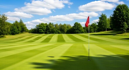 Obraz premium Green golf course with red flag and blue sky green grass striped lawn