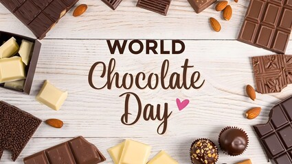 World chocolate day celebration with various chocolate bars and candies on wooden background