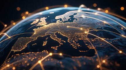 Illuminated Earth: Global Network Connections Over Europe, Digital Illustration.