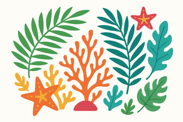Tropical foliage and sea life vector illustration in flat style for summer theme design