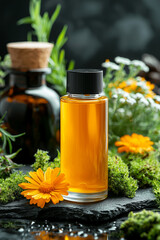 Luxurious Natural Cosmetic Bottle with Calendula Extract in Meadow Among Calendula Flowers and Fresh Herbs