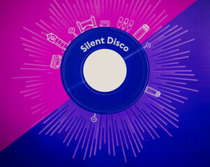 Colorful poster design featuring a vinyl record labeled “Silent Disco” with illustrated London...