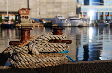 Bollard and ropes. Rest at sea. Yachting. Sea voyages.