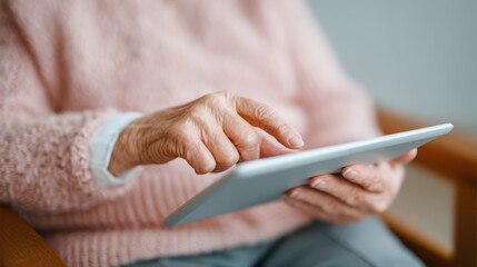 Elderly person using tablet device with finger scrolling on screen, cozy sweater and relaxed atmosphere