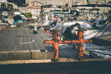 Bollard and ropes. Rest at sea. Yachting. Sea voyages.