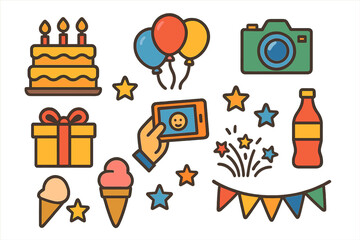 Naklejka premium Birthday celebration icons vector illustration with gifts, balloons, and party decorations for festive designs