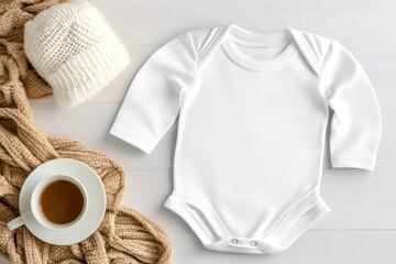 Cozy Baby Bodysuit Mockup with Knitted Blanket, Hat, and Tea Cup on White Wood