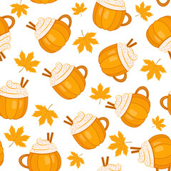 Seamless Autumn hot drink pattern set, hand drawn doodle Pumpkin spice latte.Vector Illustration
