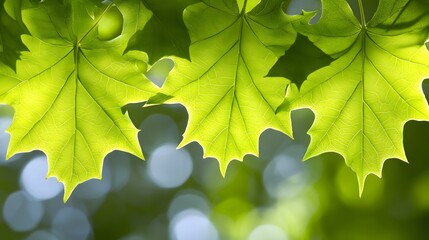 Vibrant Green Maple Leaves Sunlight Nature Background