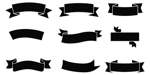 Collection of Nine Black Ribbon Banners in Various Shapes Isolated on a White Background for Graphic Design
