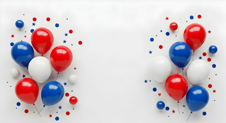 Bastille Day Celebration with Vibrant Red, White, and Blue Balloons and Confetti Border on Clean White Background and Copy Space