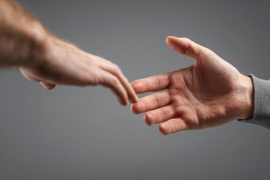 Two hands are stretched toward each other against a gray background