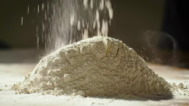 Slow-motion flour sifting in warm sunlight, macro close-up