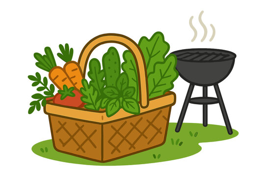 Fresh vegetables in basket near barbecue grill vector illustration for summer cooking theme