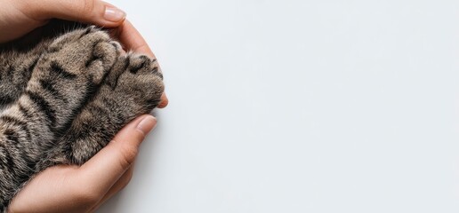 Two hands cradling a tabby cats paws against a white background