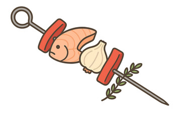Grilled seafood skewer vector illustration with garlic and tomato in flat style for culinary design