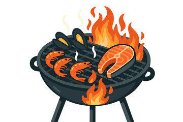 Summer barbecue vector illustration with seafood on grill – design for recipe cards and culinary posters