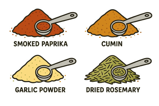 Spice collection vector illustration: smoked paprika, cumin, garlic powder, dried rosemary for kitchen decor