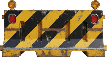 Weathered black and yellow construction barrier with amber warning lights and red reflectors Road safety equipment