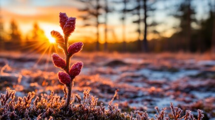 Frosted Winter Sunrise: A Single Plant Silhouetted Against a Vibrant Dawn
