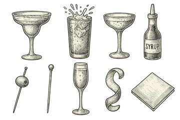 Hand drawn cocktail and bar tools vector illustration for drink menu design