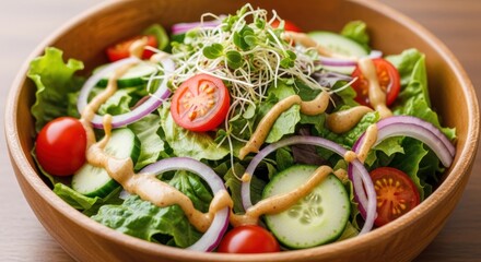 A delicious salad in a wooden bowl isolated on solid background
