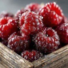 Dew-Kissed Dark Red Raspberries in Rustic Wooden Box - Fresh Organic Berries for Healthy Lifestyle and Cuisine