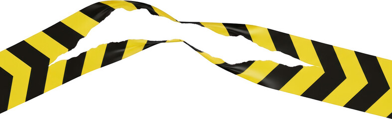 A detailed view of a broken yellow and black chevron striped warning tape fragment featuring torn edges