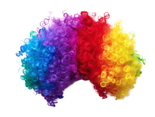 Vibrant, curly rainbow clown wig, perfect for costumes, parties, and playful fun